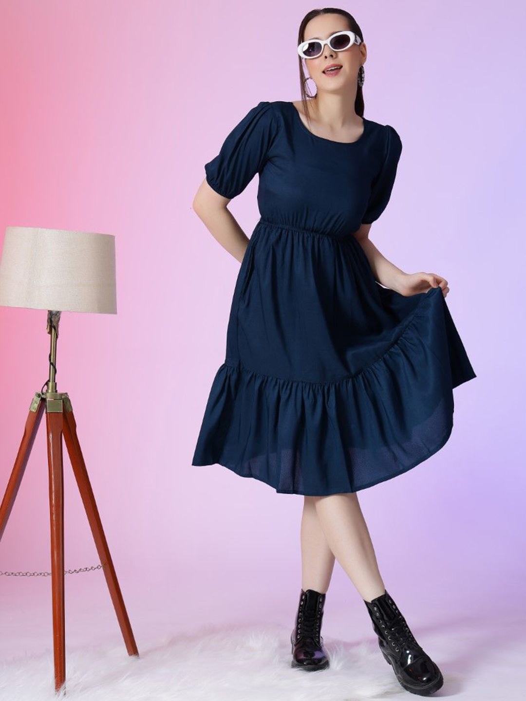 

Femvy Women Puff Sleeve Applique Fit & Flare Dress, Blue