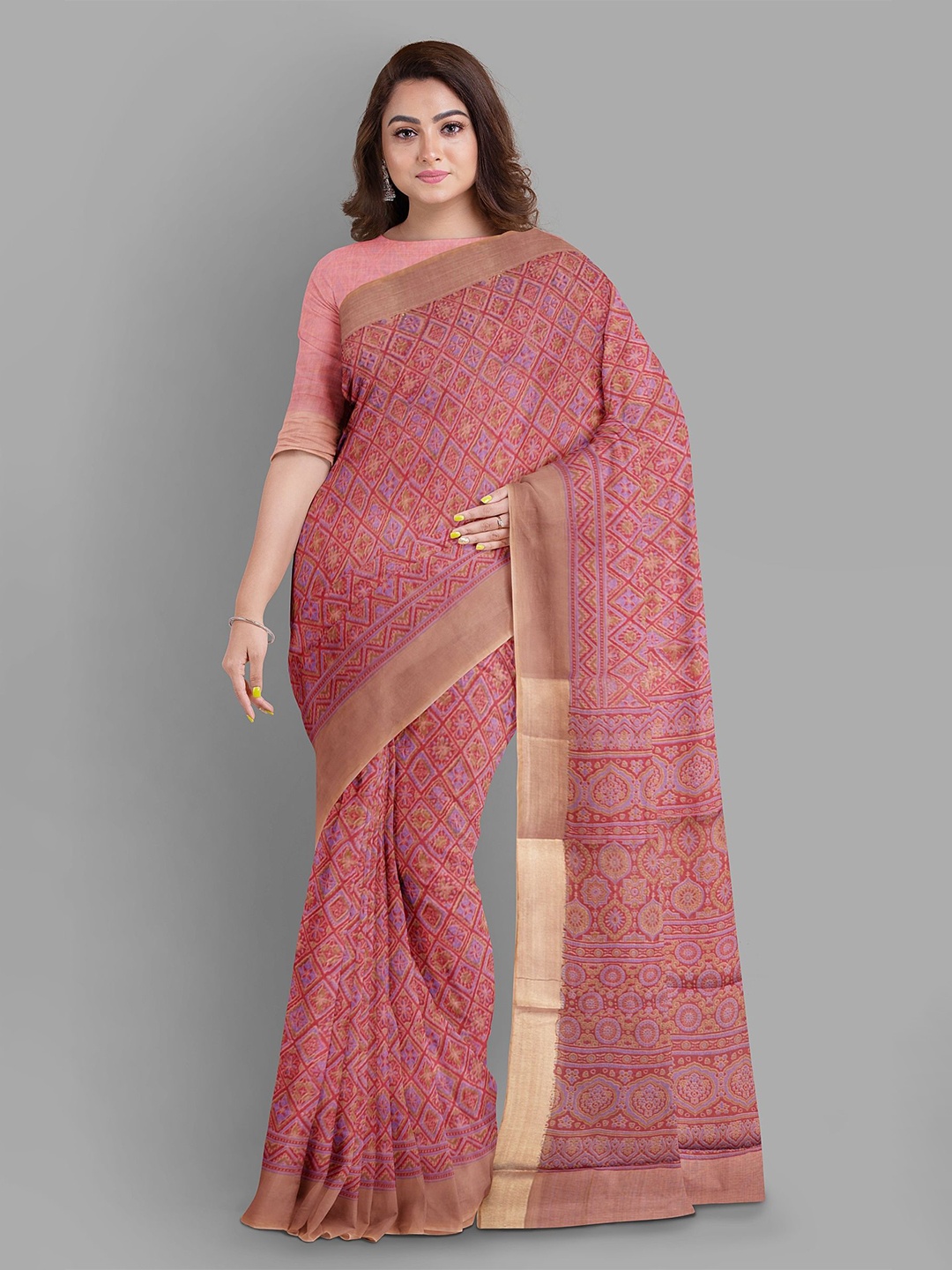 

The Chennai Silks Ajrak Block Zari Pure Cotton Chanderi Saree, Red