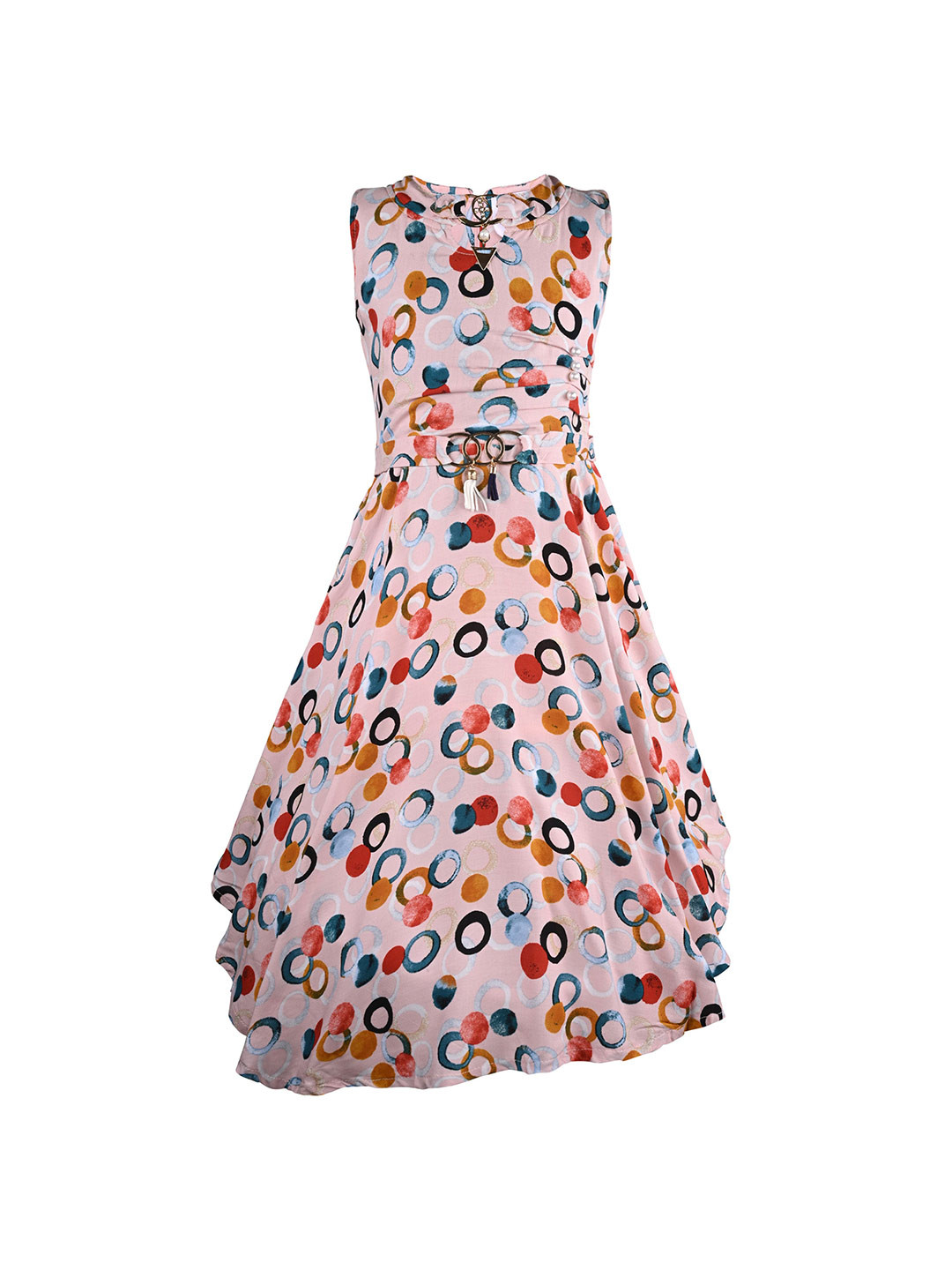 

Wish Karo Girls High Neck Geometric Printed Fit & Flare Dress, Peach