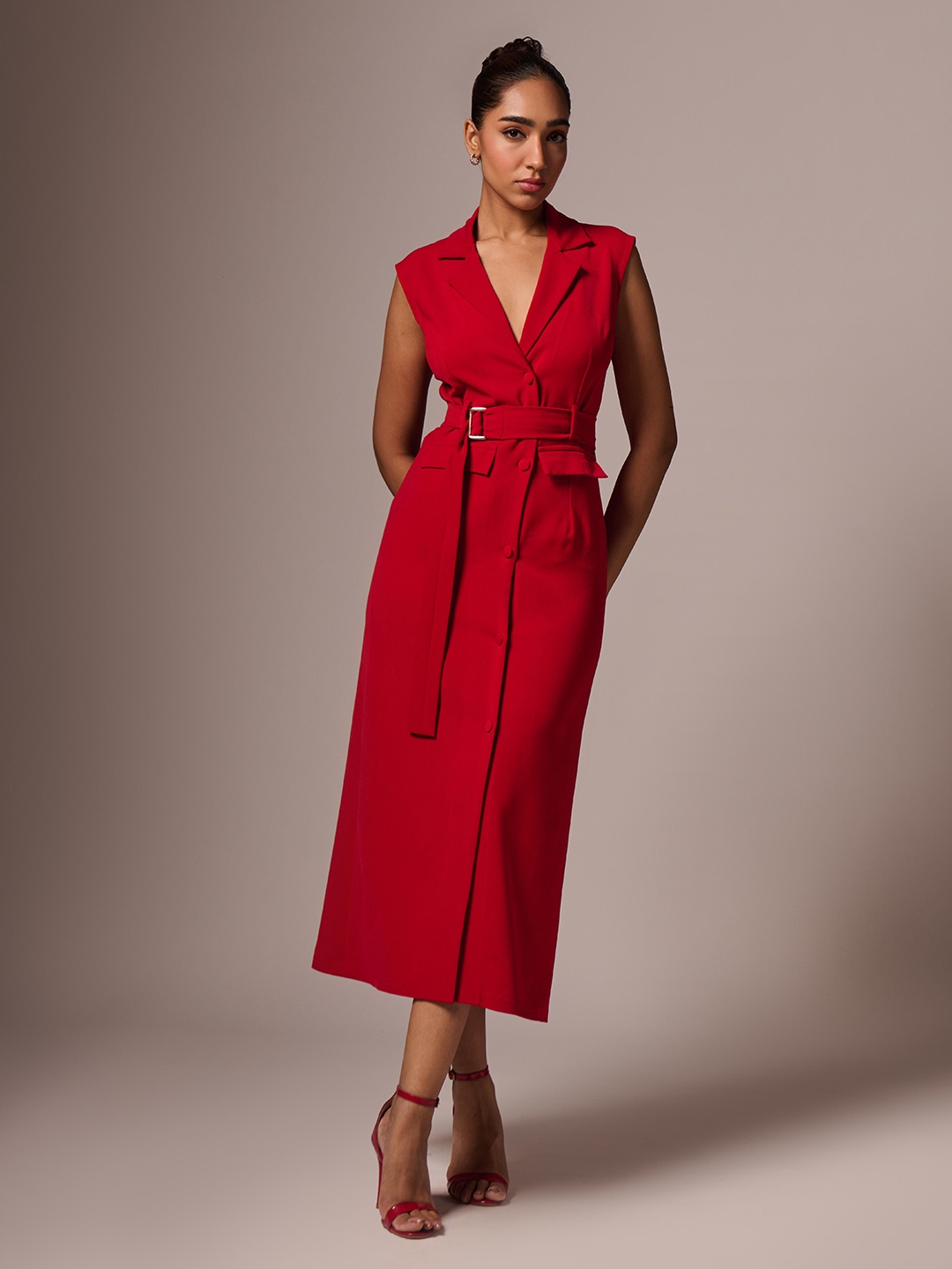 

EMBLAZE Women Solid Party Midi Dress With Belt, Red