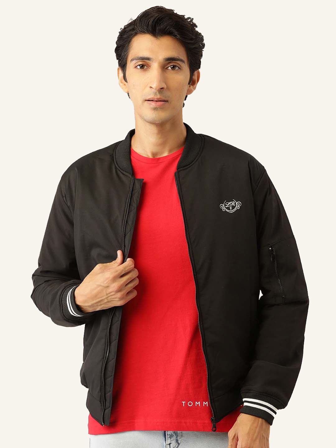 

Leather Retail Men Stand Collar Solid Casual Biker Jacket, Black