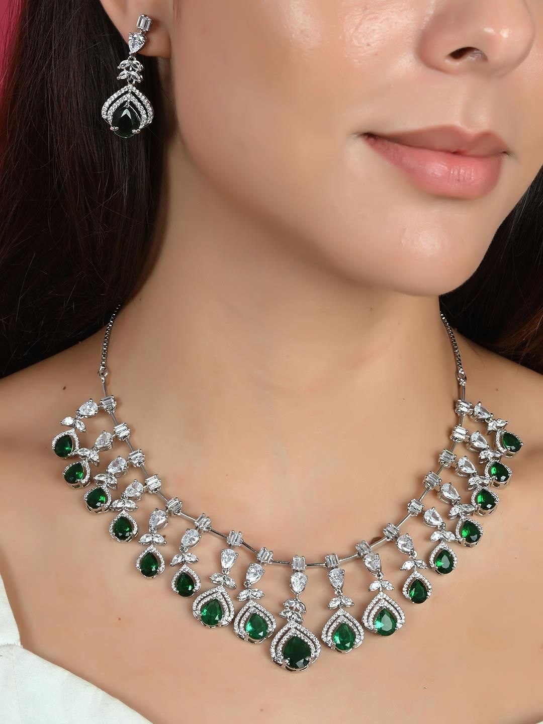

RATNAVALI JEWELS Silver-Plated American Diamond-Studded Jewellery Set