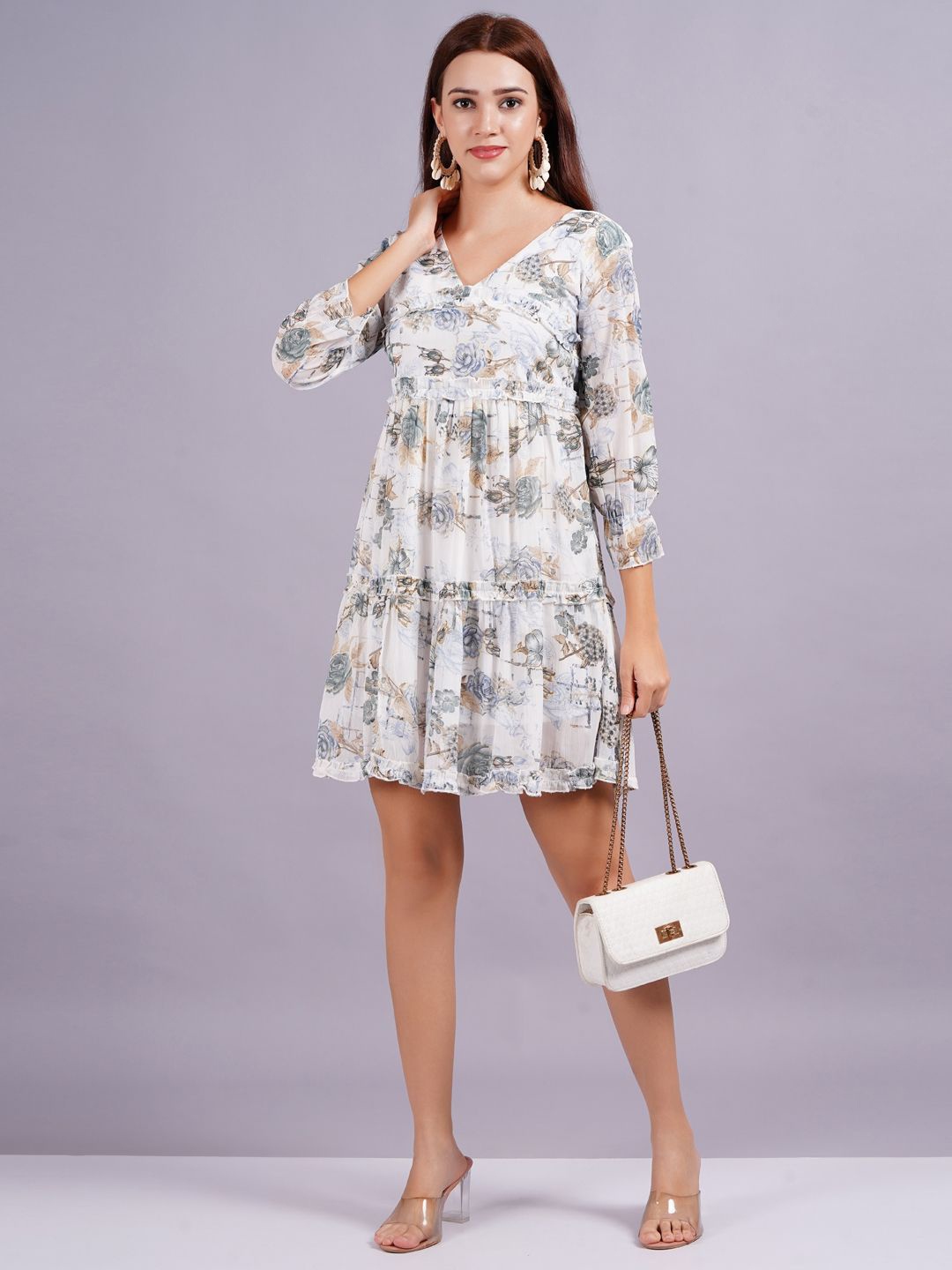 

KALINI Floral Print Georgette Fit & Flare Dress, Grey