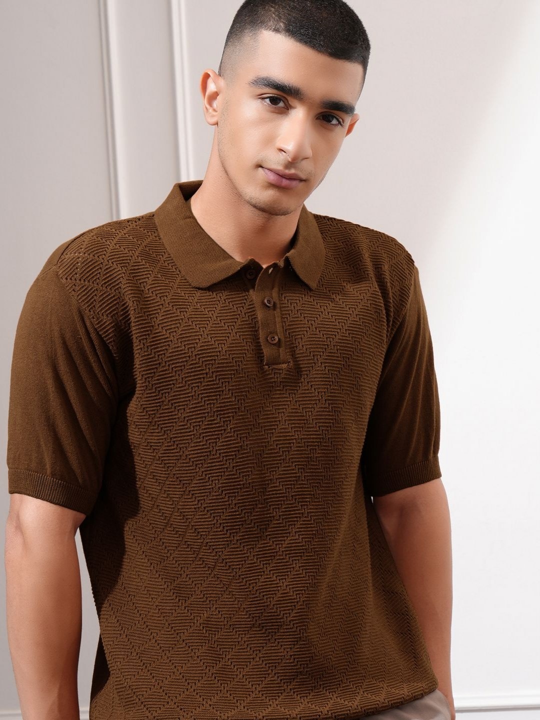 

HIGHLANDER Men Self Design Polo Collar Cotton Relaxed Fit T-shirt, Brown