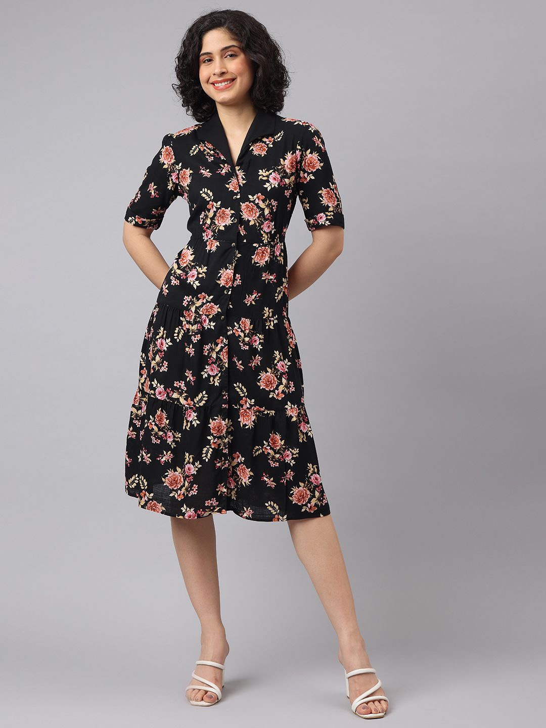 

Latin Quarters Women Floral Printed A-Line Dress, Black