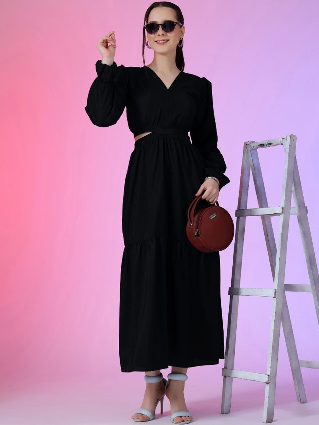 

Femvy Women Applique Crepe Fit & Flare Maxi Dress, Black