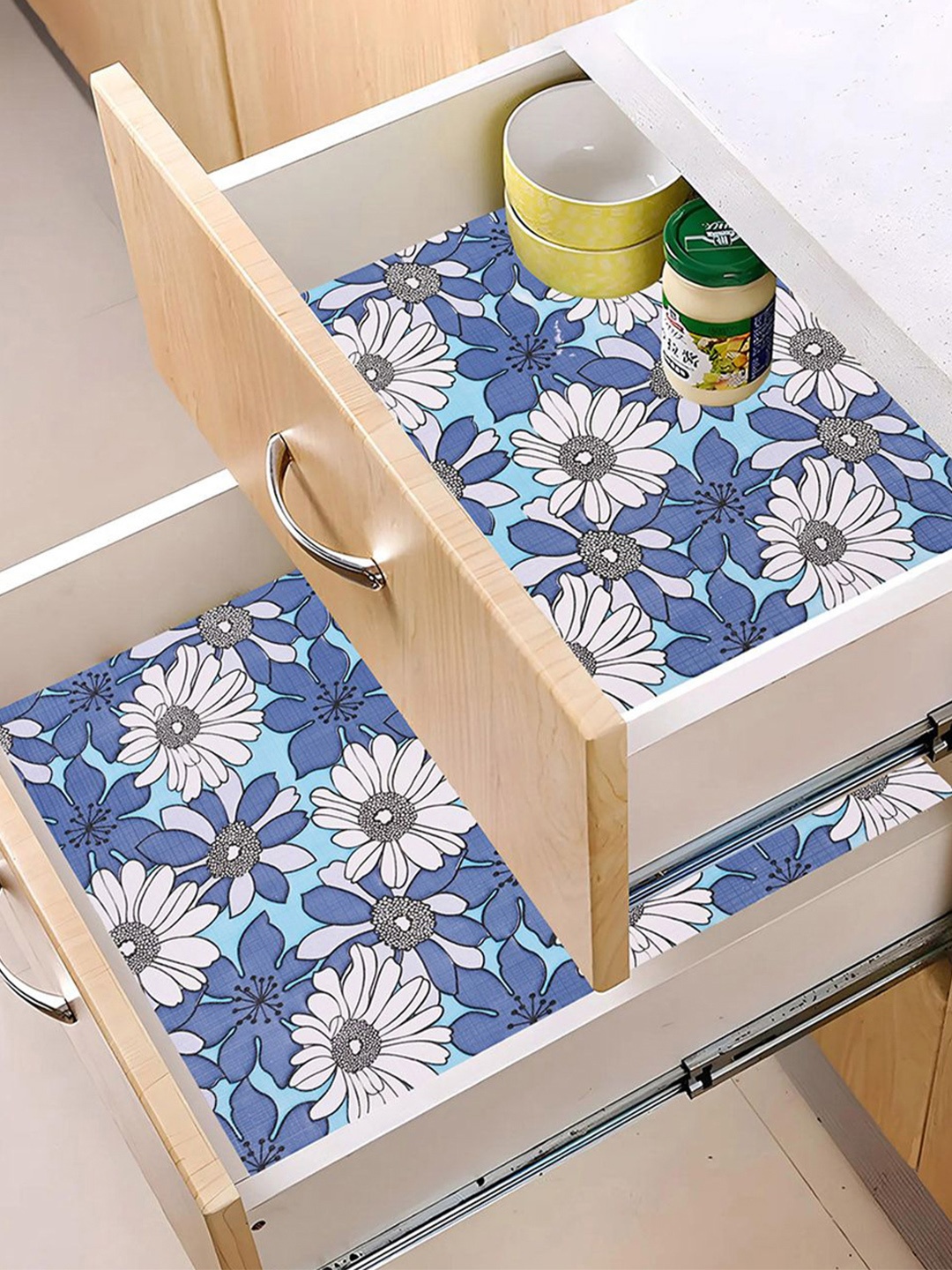 

Kuber Industries Blue 2 Pieces Floral Printed Shelf Liner