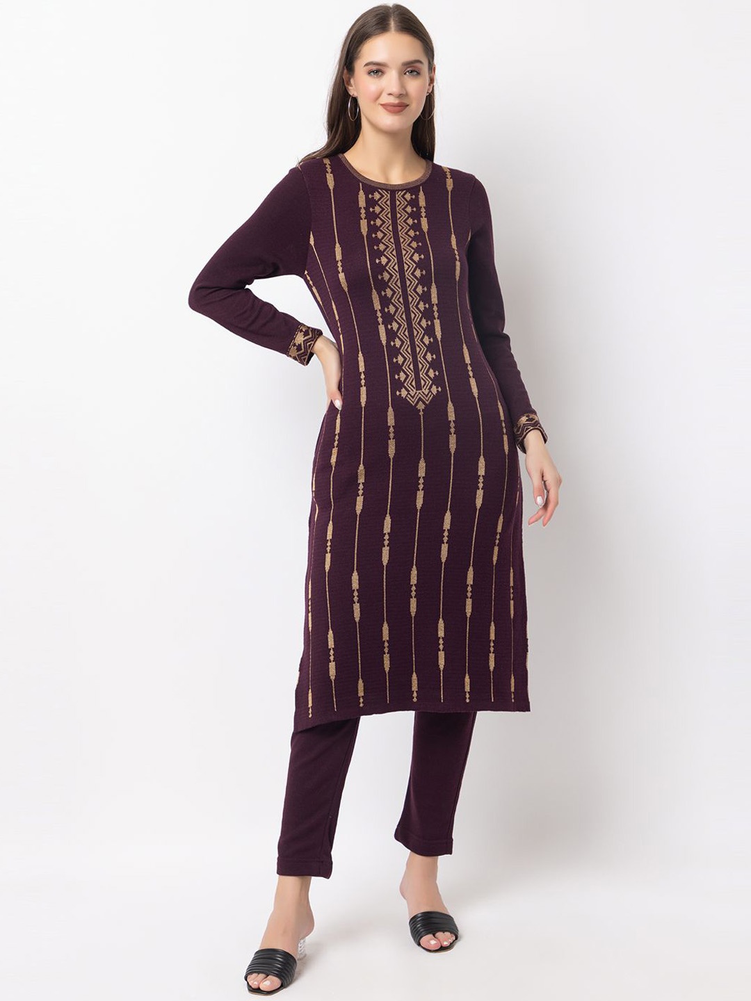 

KEIKO Round Neck Striped Woven Design Straight Acrylic Kurta, Burgundy