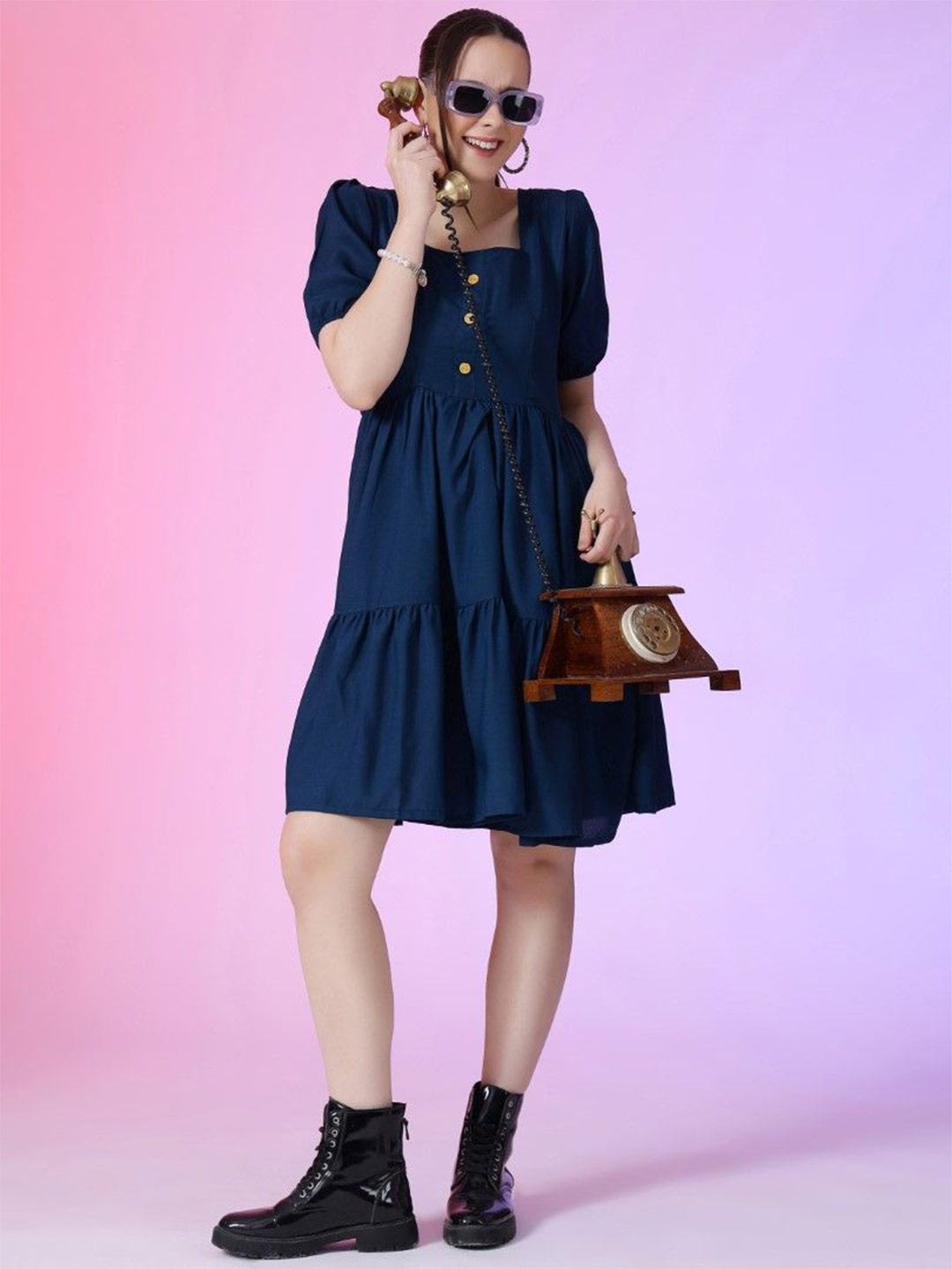 

Krunal Raiyani Women Solid Puff Sleeve Fit & Flare Dress, Blue