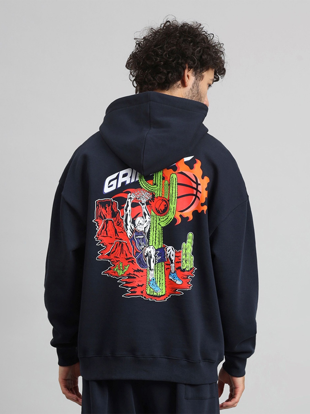 

GRIFFEL Men Graphic Printed Hood Fleece Pullover Sweatshirt, Navy blue