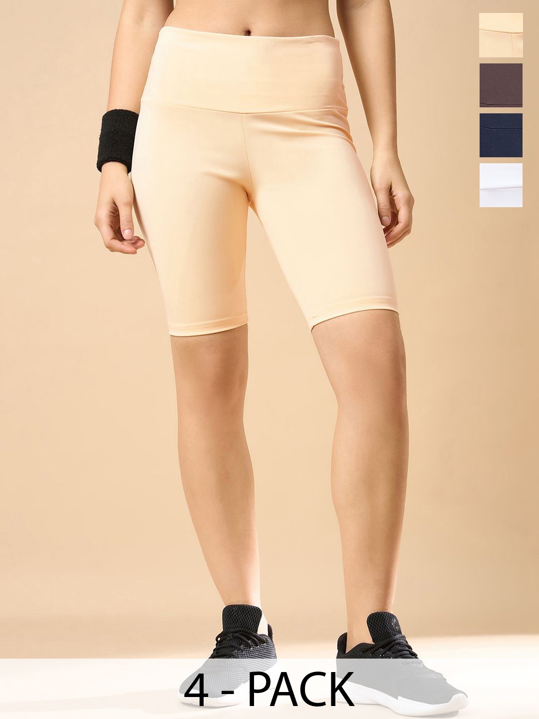 

COLOR CAPITAL Pack Of 4 Mid-Rise Cycling Tights, Beige