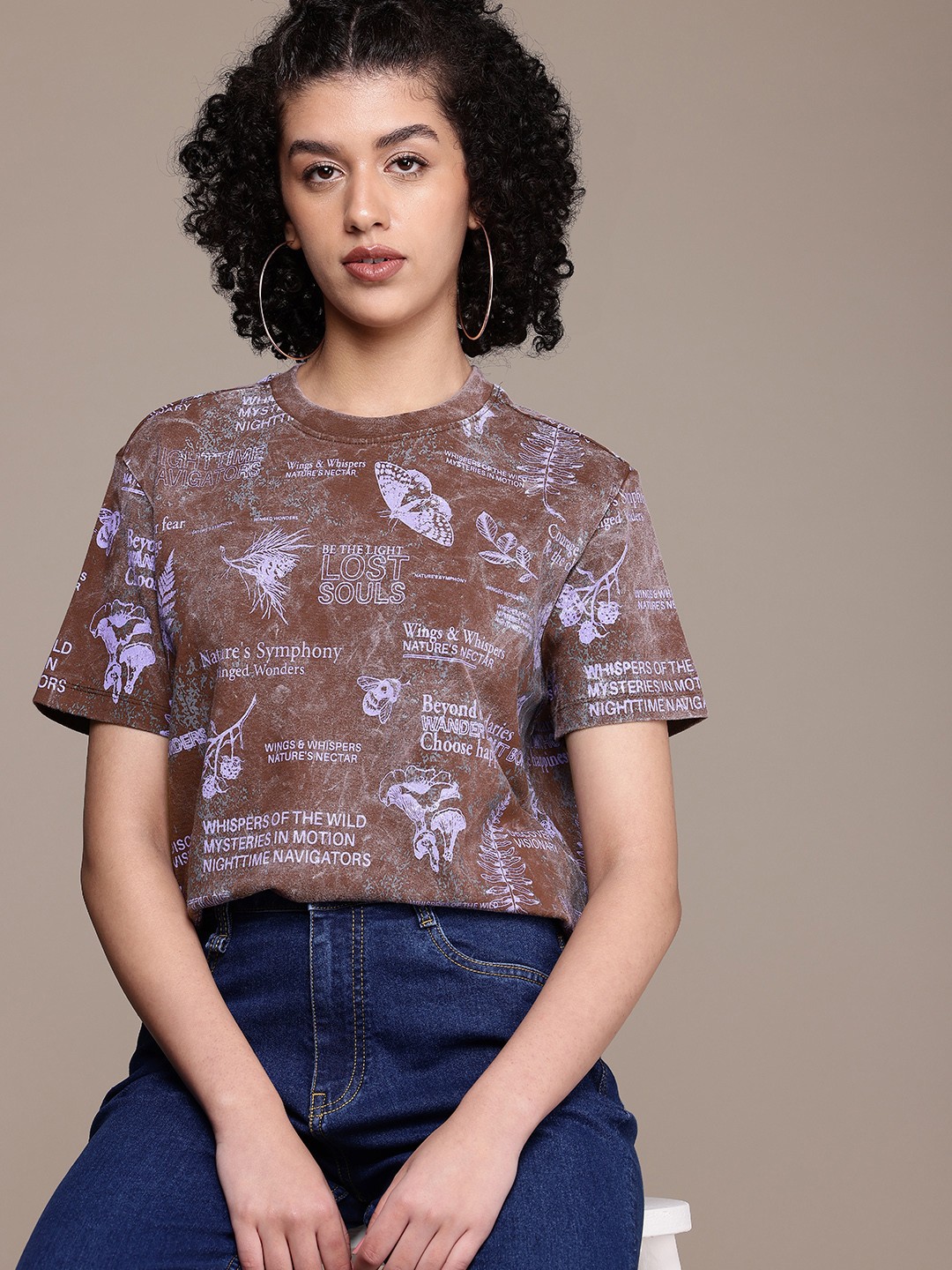 

The Roadster Life Co. Printed Drop-Shoulder Sleeves Pure Cotton Boxy Washed T-shirt, Coffee brown
