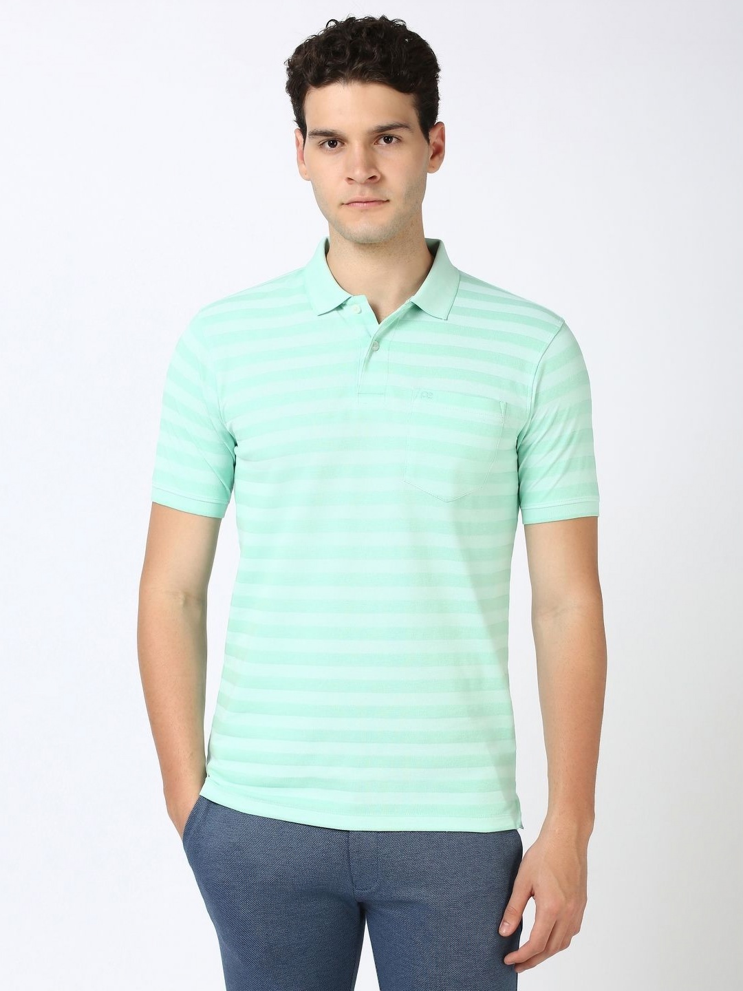 

Peter England Men Striped Polo Collar Cotton T-shirt, Green