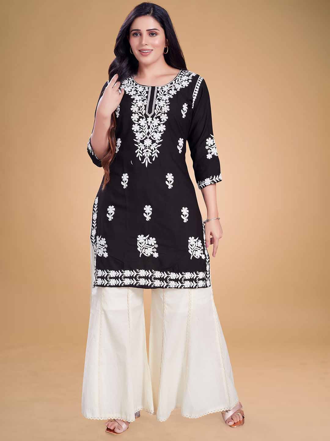 

Rani Saahiba Ethnic Motifs Chikankari Round Neck Straight Kurta, Black
