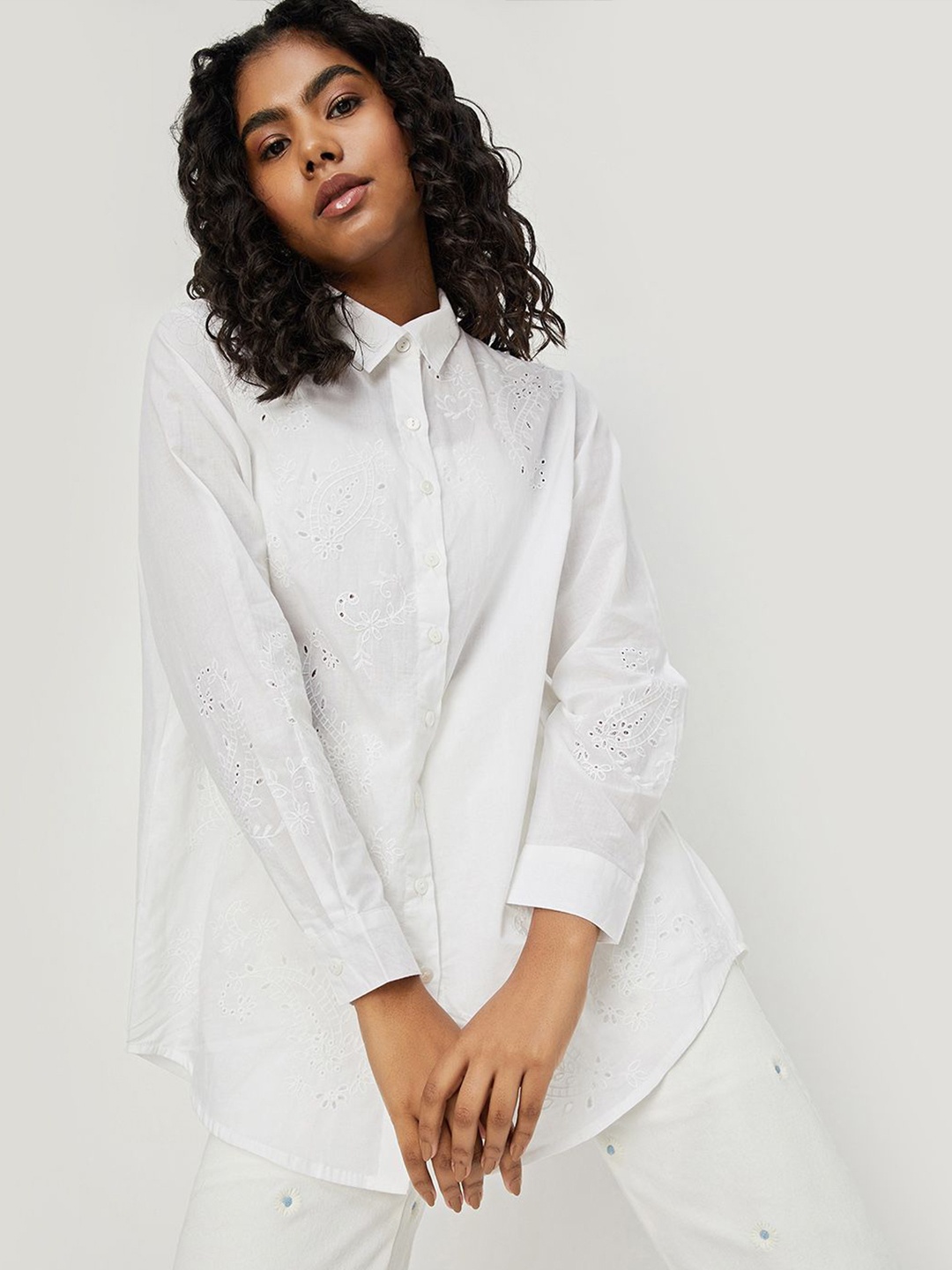 

max Women Spread Collar Solid Cotton Casual Shirt, Off white