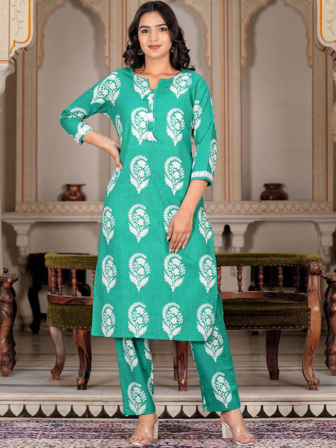 

KALINI Ethnic Motifs Printed Pure Cotton Kurta With Trousers, Blue
