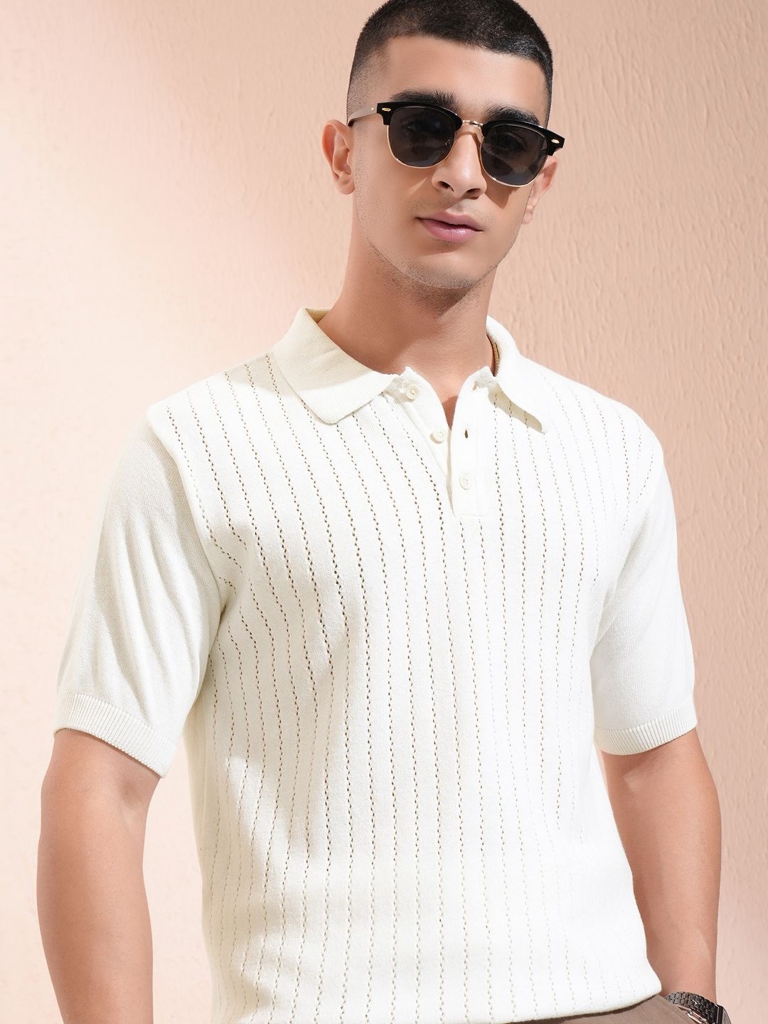 

HIGHLANDER Men Self Design Polo Collar Cotton Relaxed Fit T-shirt, Off white