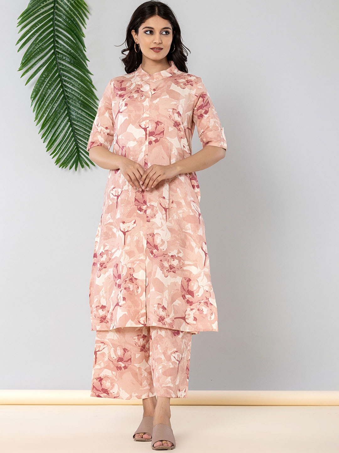

JAIPURI BUNAAI Mandarin Collar Printed Tunic With Palazzo, Peach