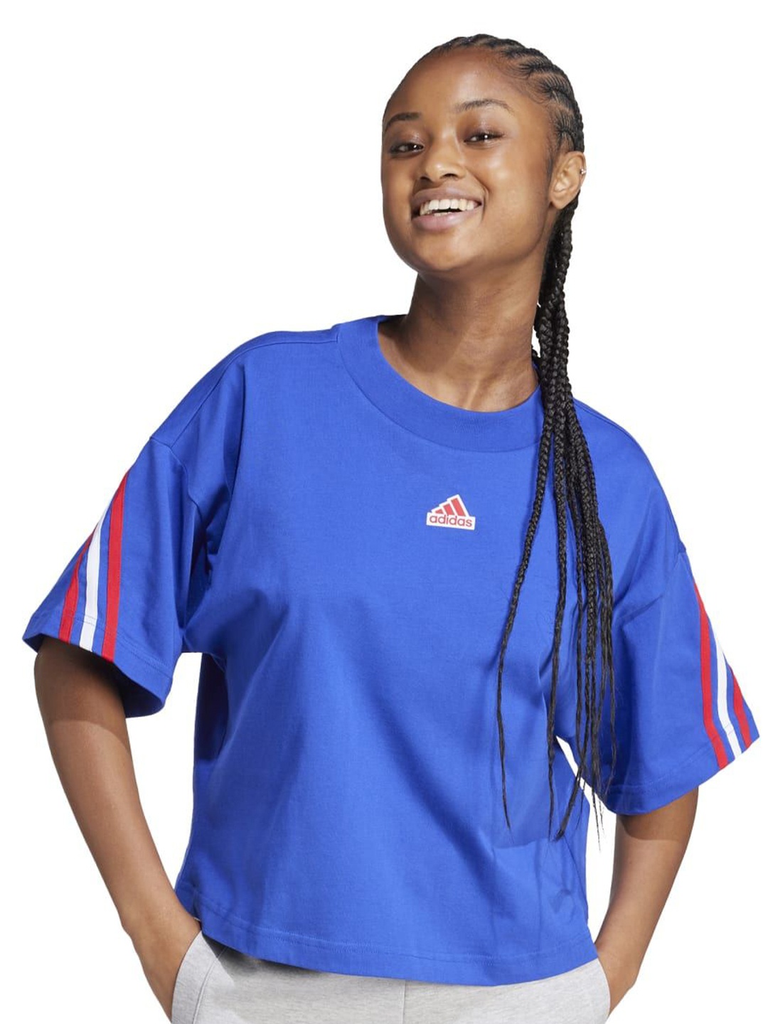 

ADIDAS Women Striped Round Neck Cotton Relaxed Fit T-shirt, Blue