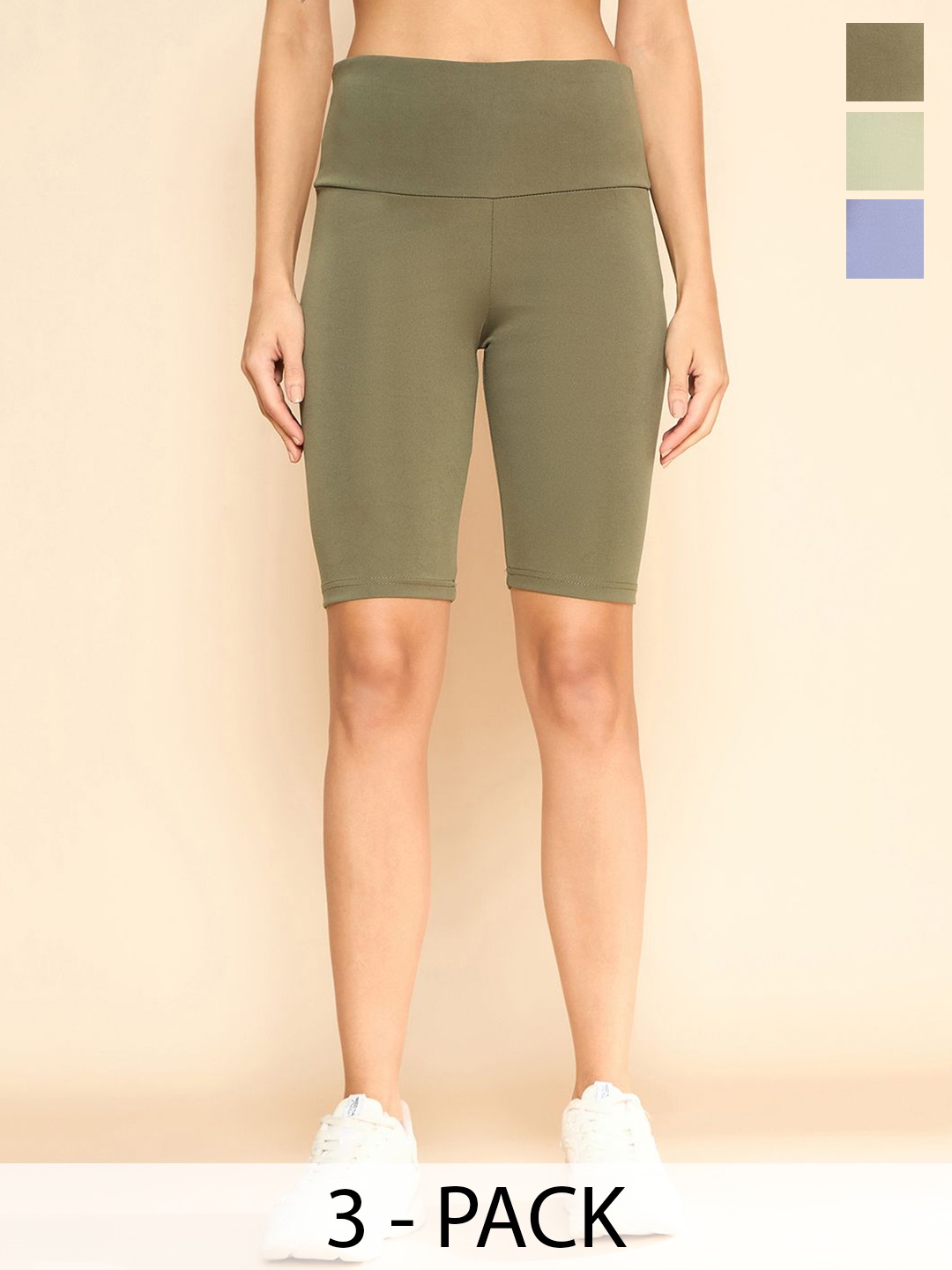 

COLOR CAPITAL Women Pack Of 3 High Rise Above Knee Antimicrobial Gym Tights, Khaki
