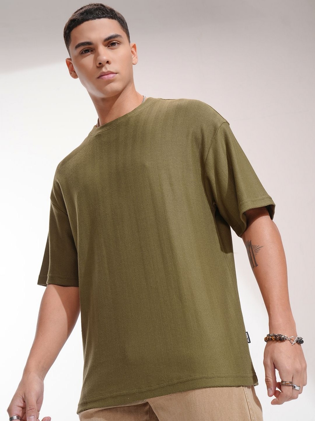 

HIGHLANDER Men Self Design Round Neck Cotton Oversized T-shirt, Olive