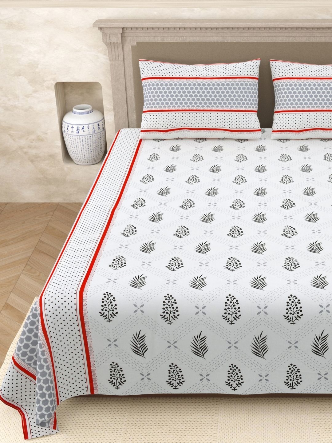 

Aura Elegant White Geometric Jaipuri Print Pure Cotton 210 TC Queen Bedsheet Set