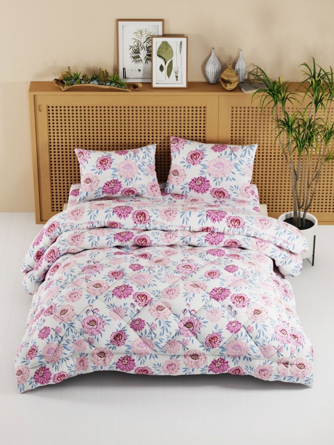 

KOPA Pink & White 4 Pieces Floral Printed Microfiber Double Queen Regular Bedding Set