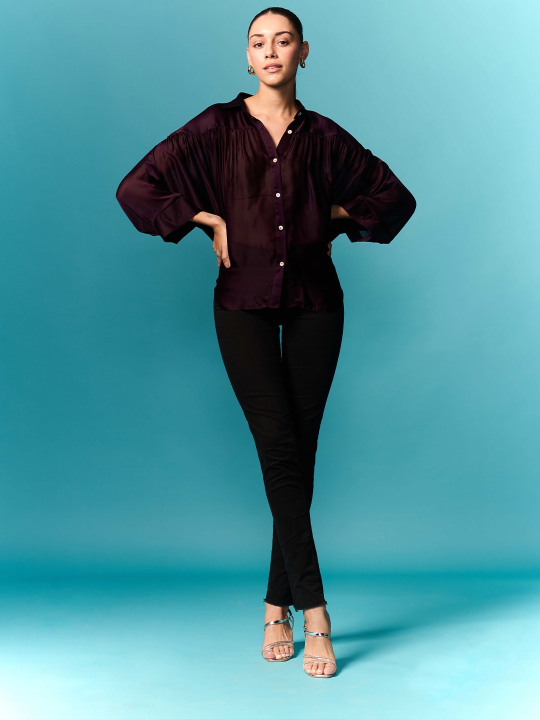 

EMBLAZE Women Solid Shirt Collar Satin Top, Burgundy