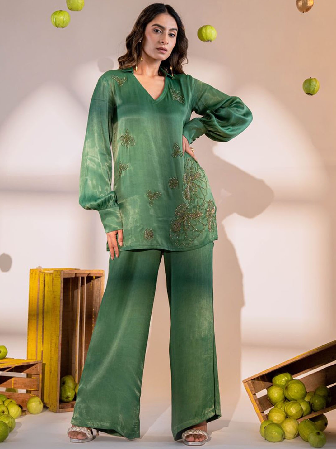 

AMROOD Embroidered V Neck Puff Sleeves Top With Trouser, Green