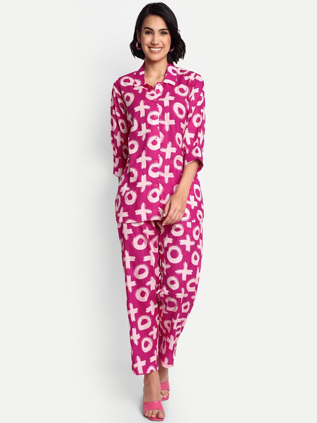 

GAB Printed Pure Cotton Shirt With Trousers Co-Ords, Pink