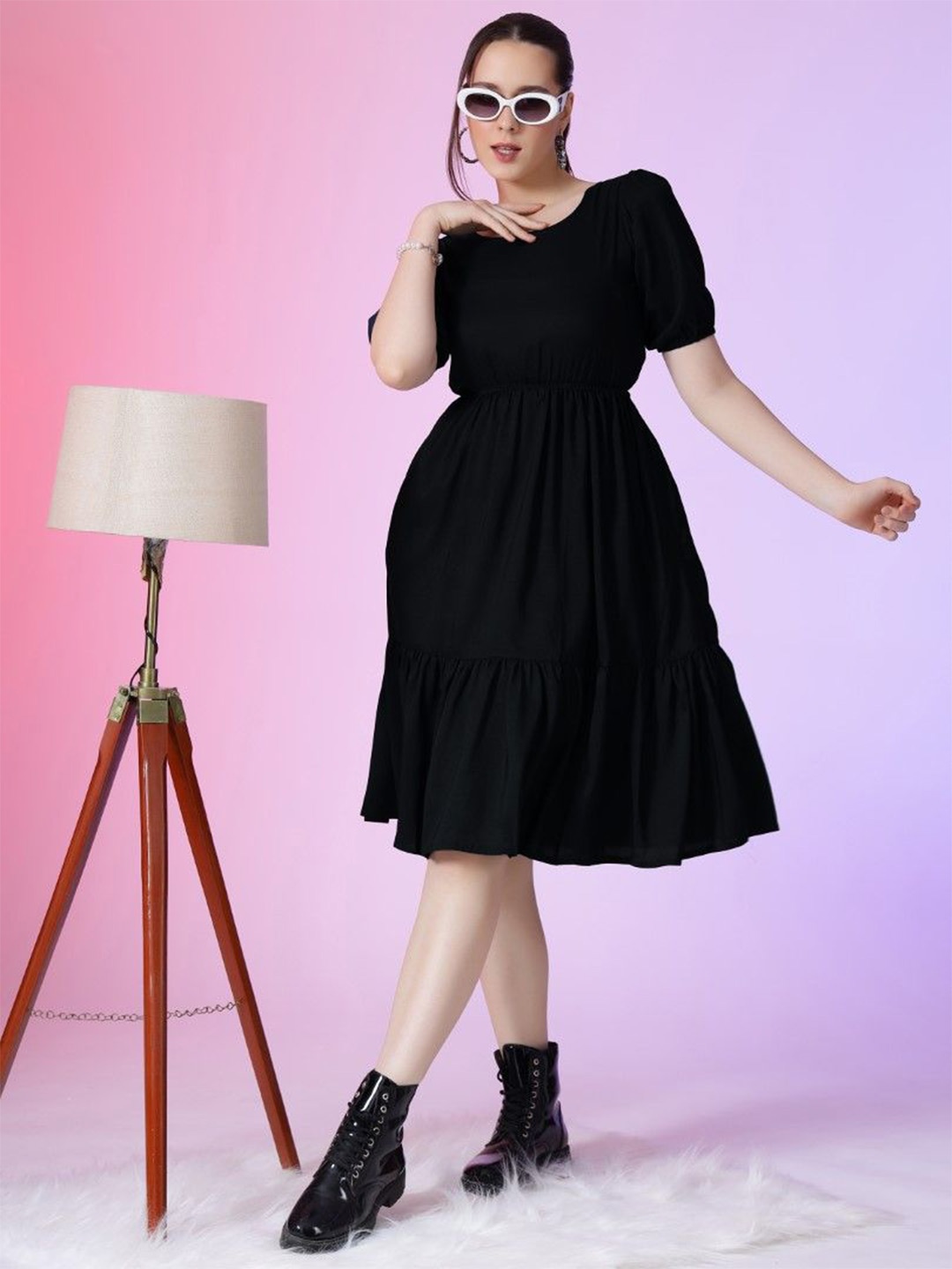 

Femvy Puff Sleeve Applique Fit & Flare Dress, Black