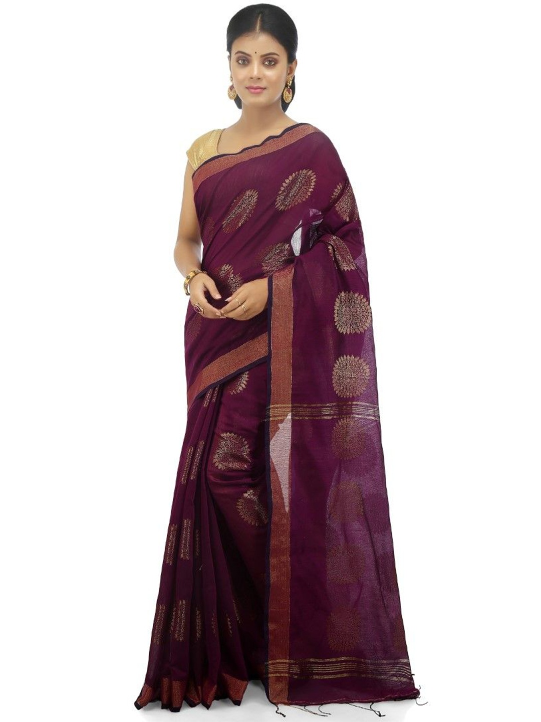 

BENGAL HANDLOOM Ethnic Motifs Woven Design Zari Taant Saree, Magenta