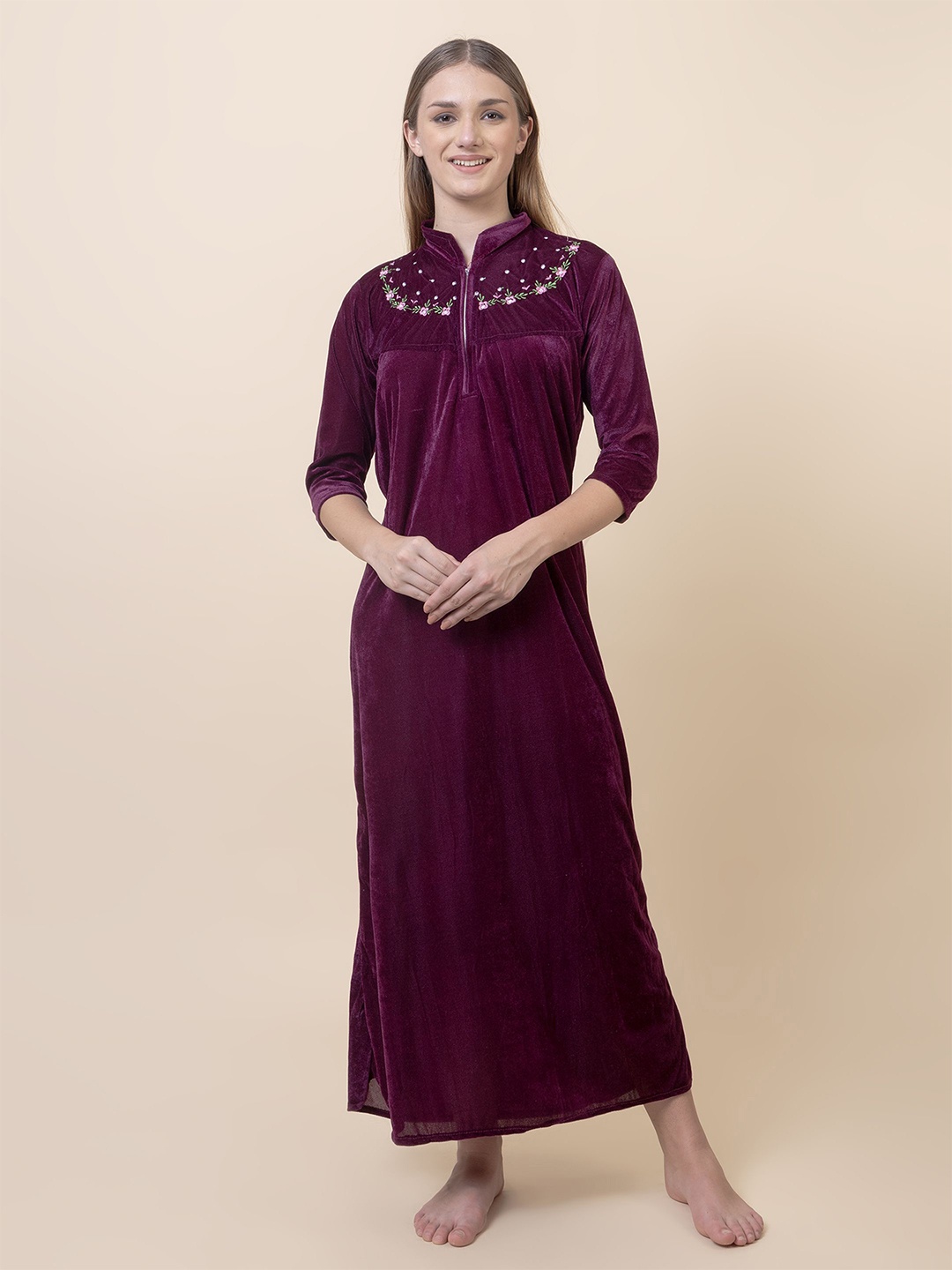 

AVYAY womens Embroidered Maxi Nightdress, Purple