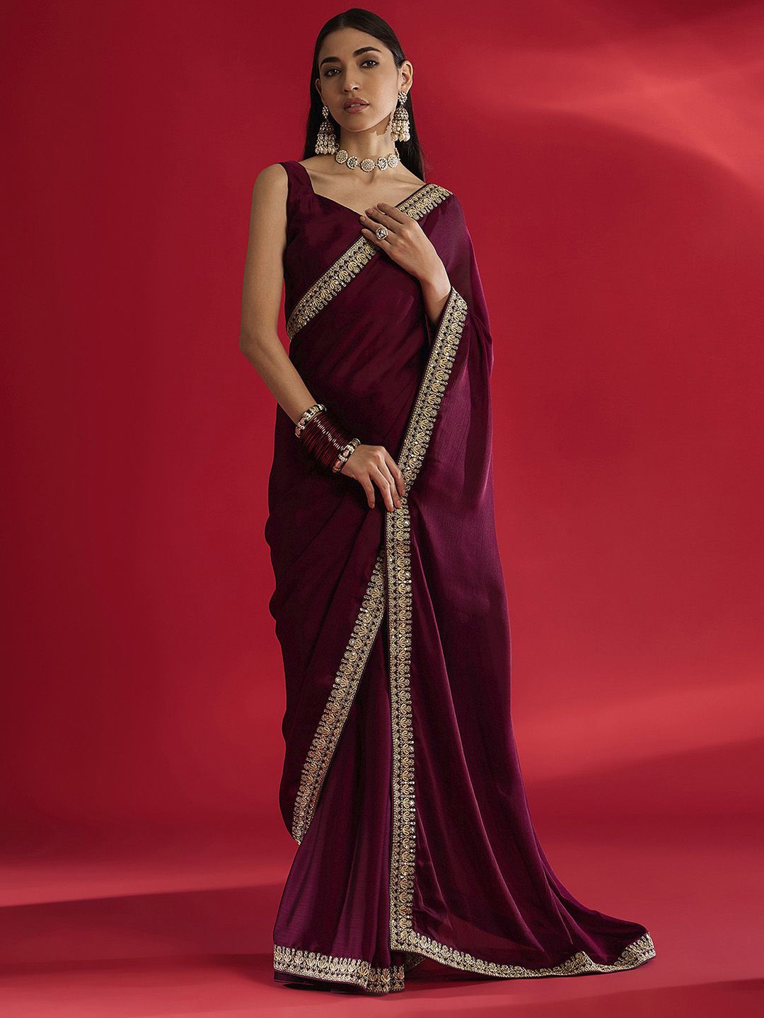 

House of Pataudi Embellished Saree With Blouse Piece, Magenta