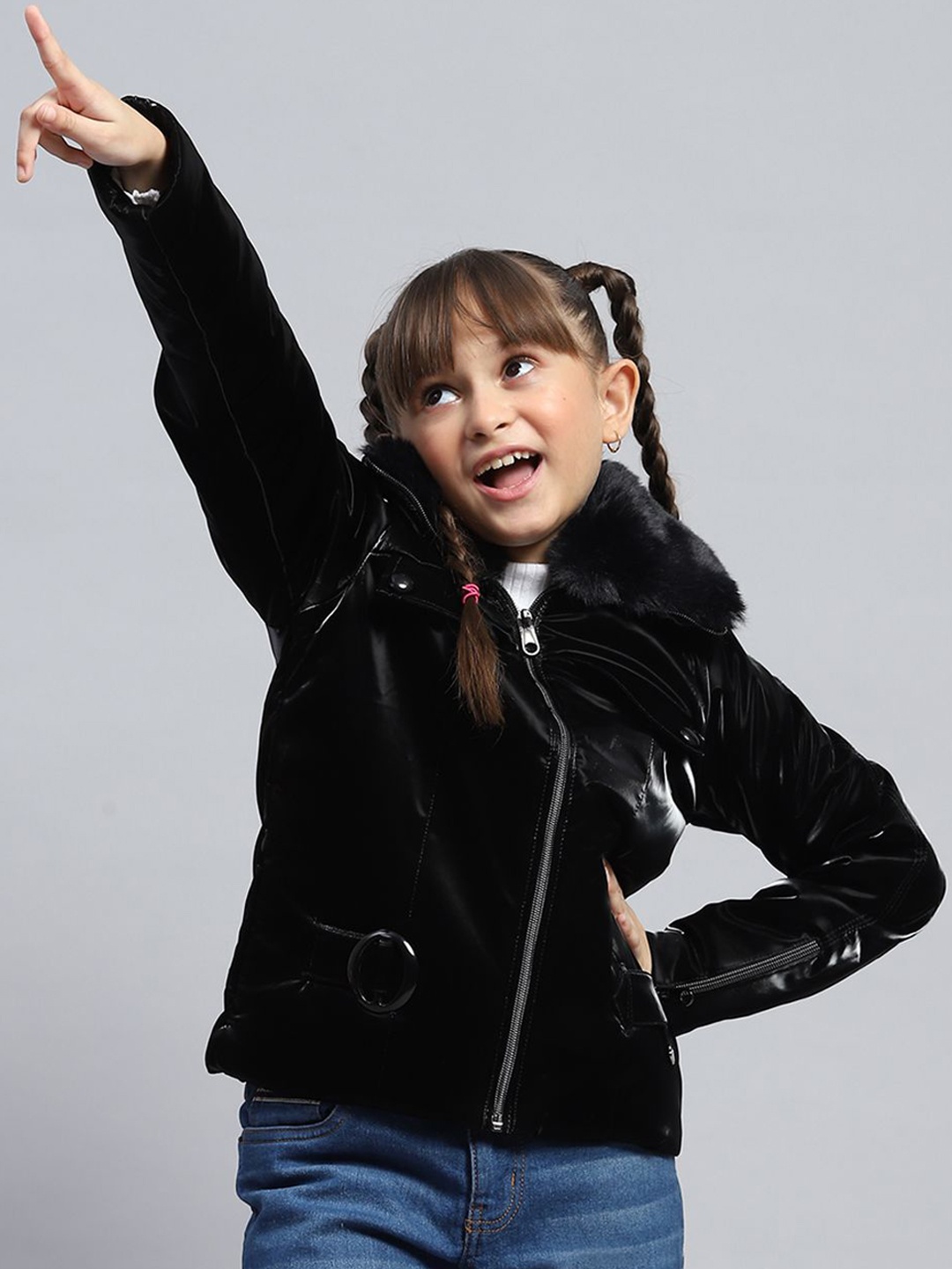 

Monte Carlo Girls Spread Collar Solid Casual Leather Jacket, Black