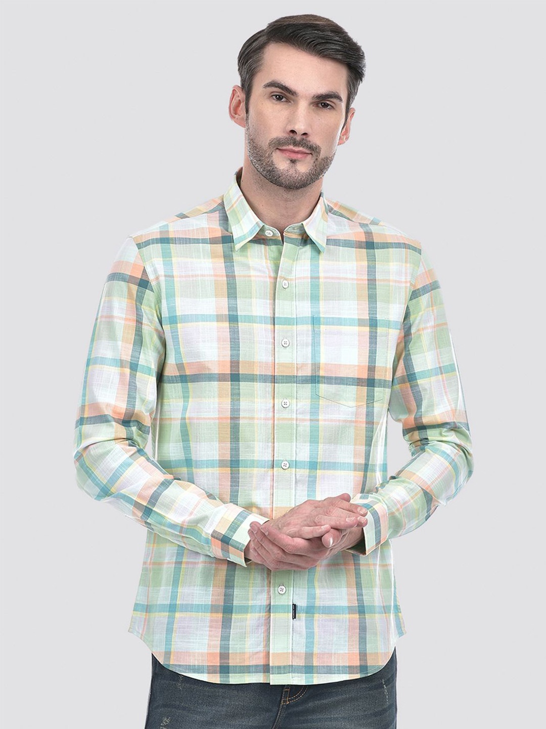 

Numero Uno Men Spread Collar Tartan Checked Cotton Slim Fit Casual Shirt, Green
