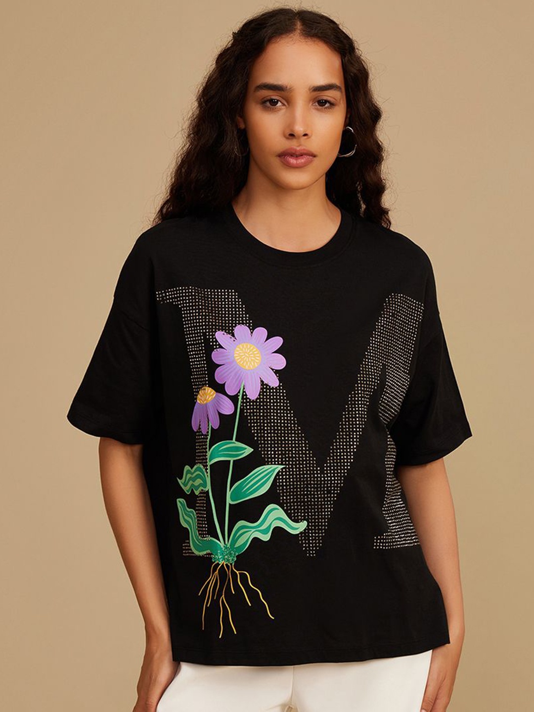 

Kazo Women Floral Printed Round Neck Cotton T-shirt, Black