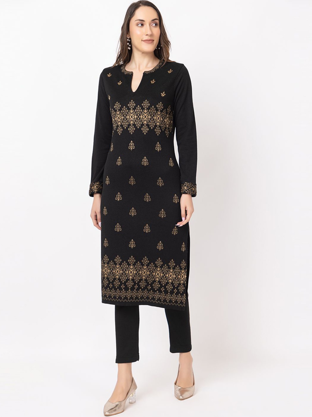 

KEIKO Ethnic Motifs Woven Design Notched Neck Jacquard Straight Kurta, Black