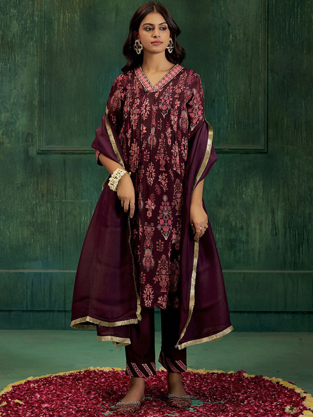 

Jaipur Kurti Floral Printed V-Neck Beads and Stones Straight Kurta With Trousers & Dupatta, Red