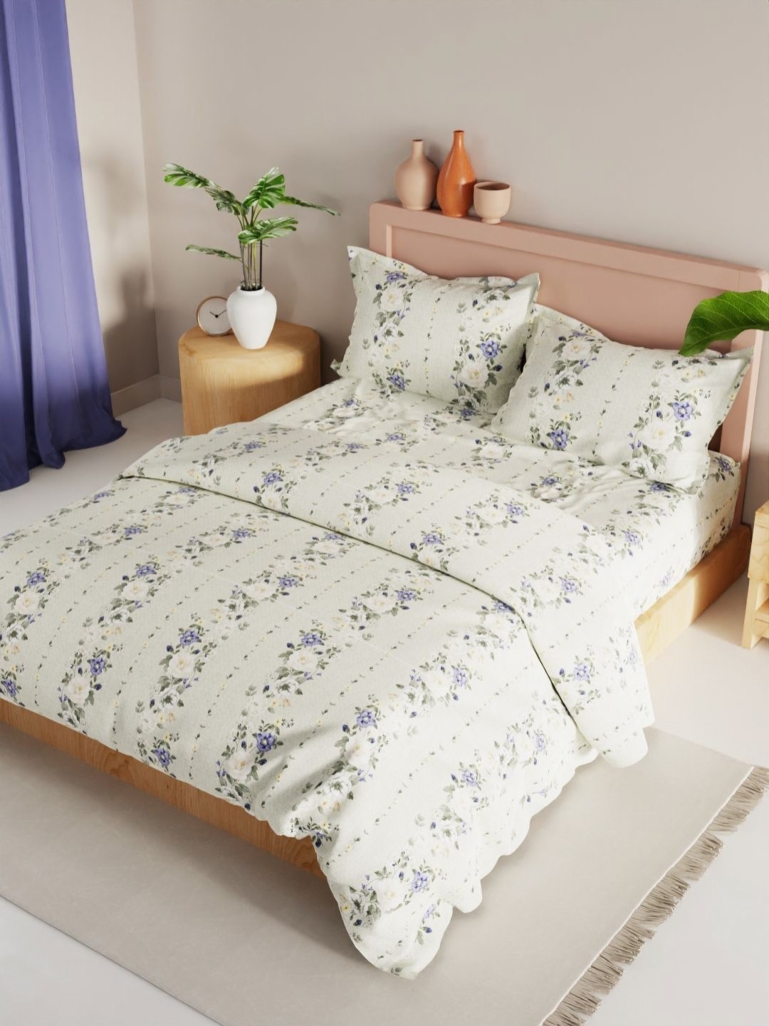 

KOPA Green & White 4 Pieces Floral Printed Microfiber Double Queen Regular Bedding Set