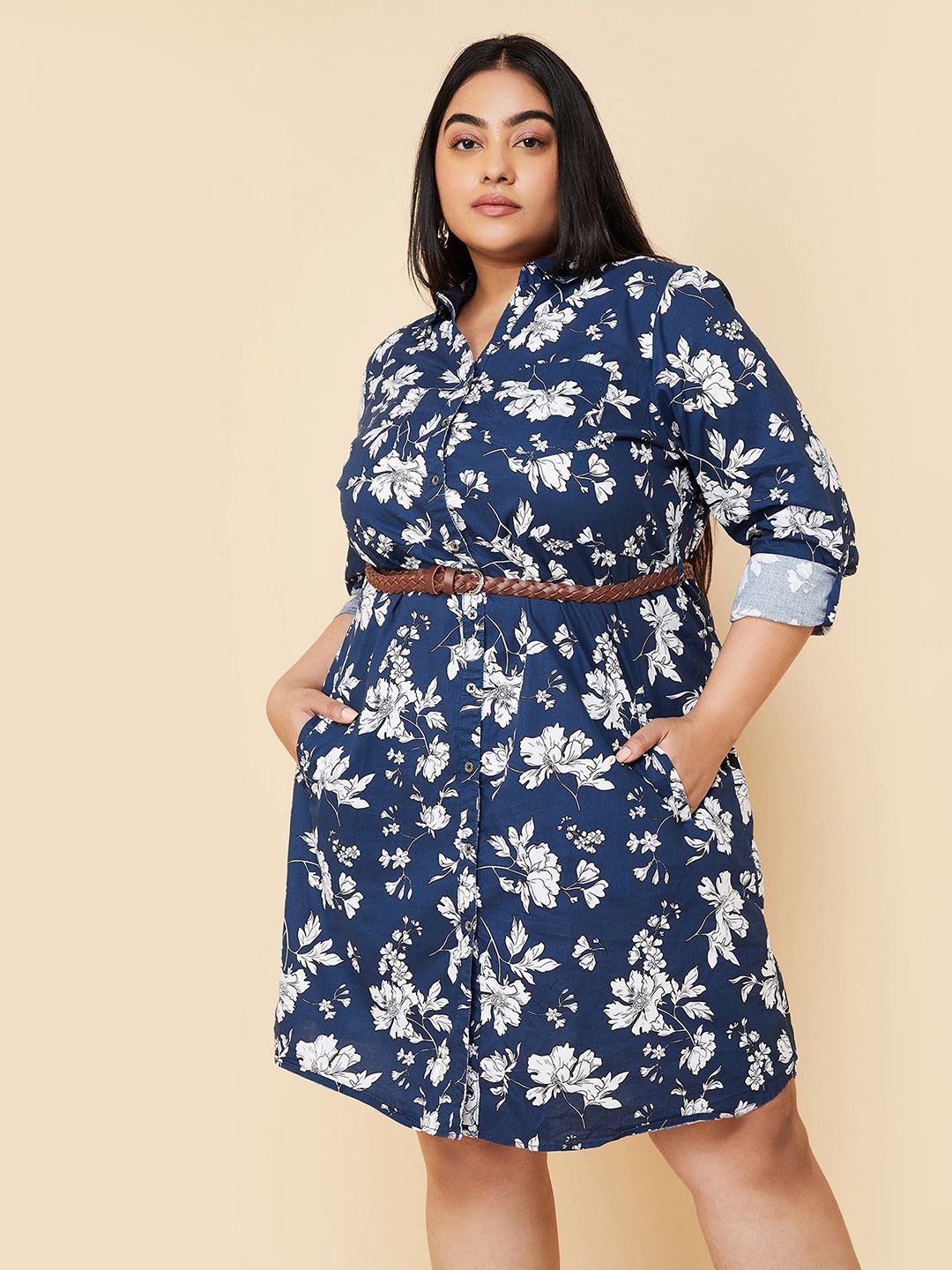 

max Women Plus Size Shirt Collar Floral Printed Pure Cotton Dress, Navy blue