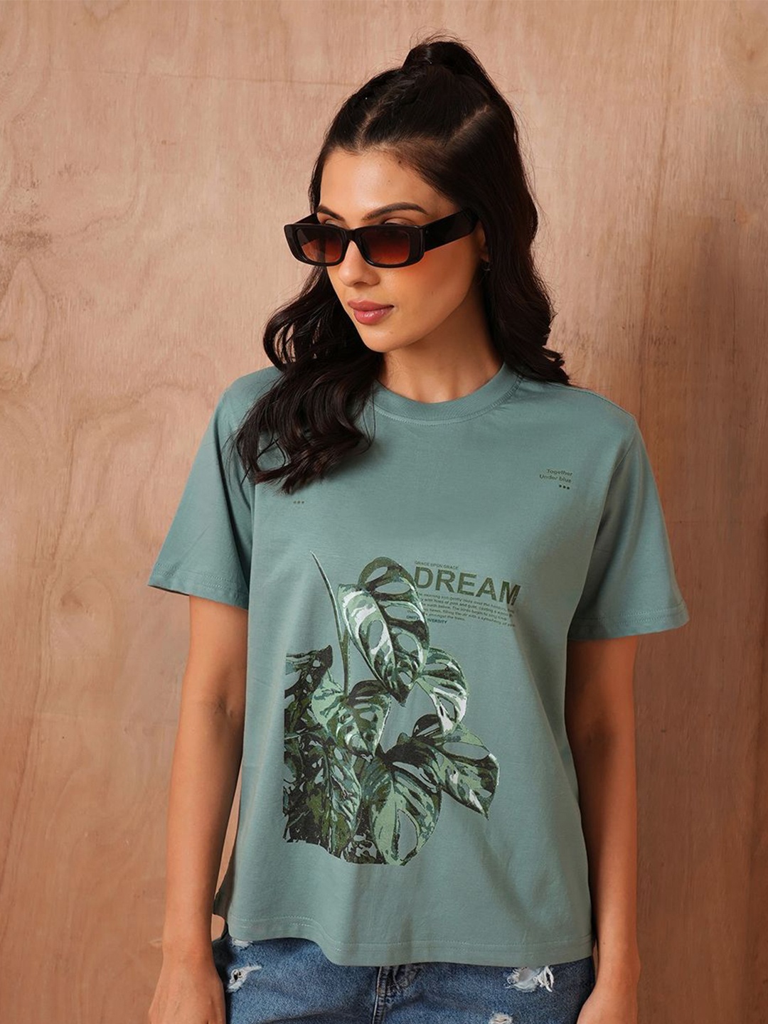 

The Roadster Lifestyle Co. Women Graphic Printed Round Neck Cotton Oversized T-shirt, Sea green