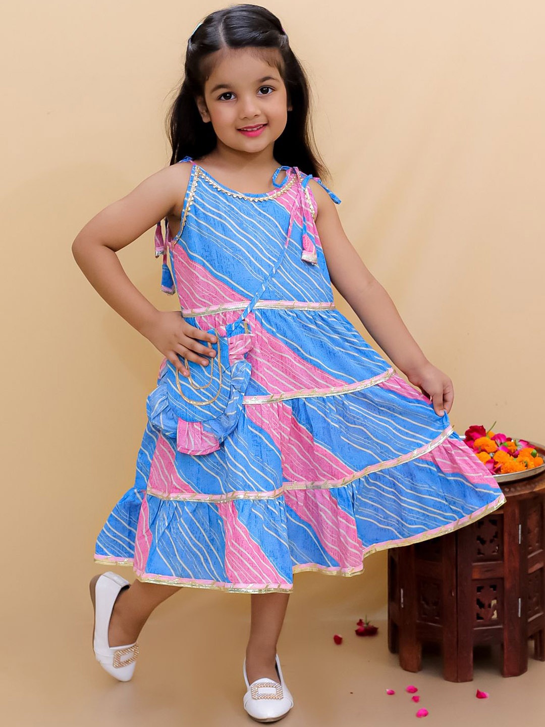 

Bold N Elegant Girls Leheriya Printed Fit & Flare Cotton Ethnic Midi Dress, Blue
