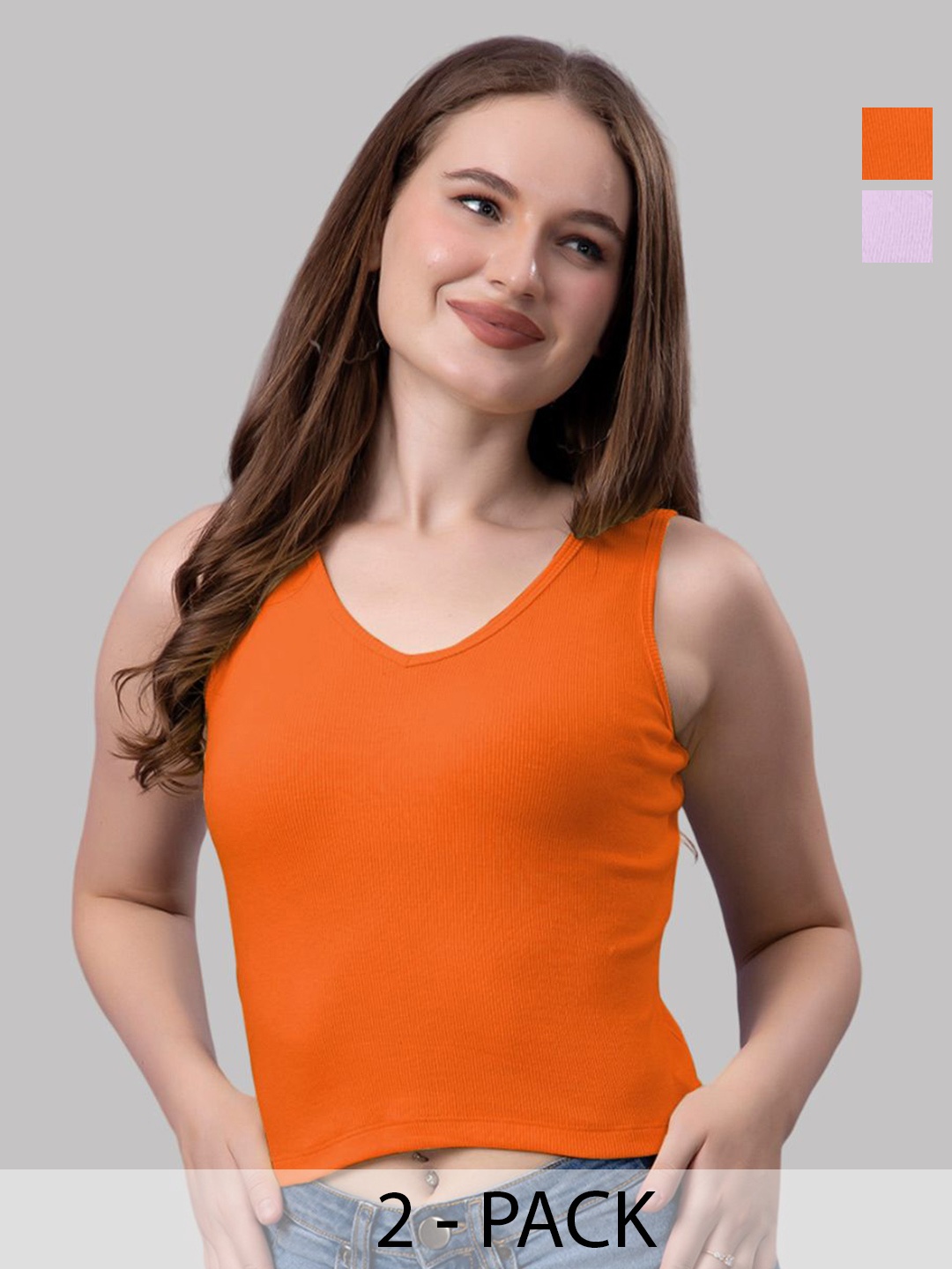 

Friskers Women Pack Of 2 Solid V-Neck Cotton Tops, Orange