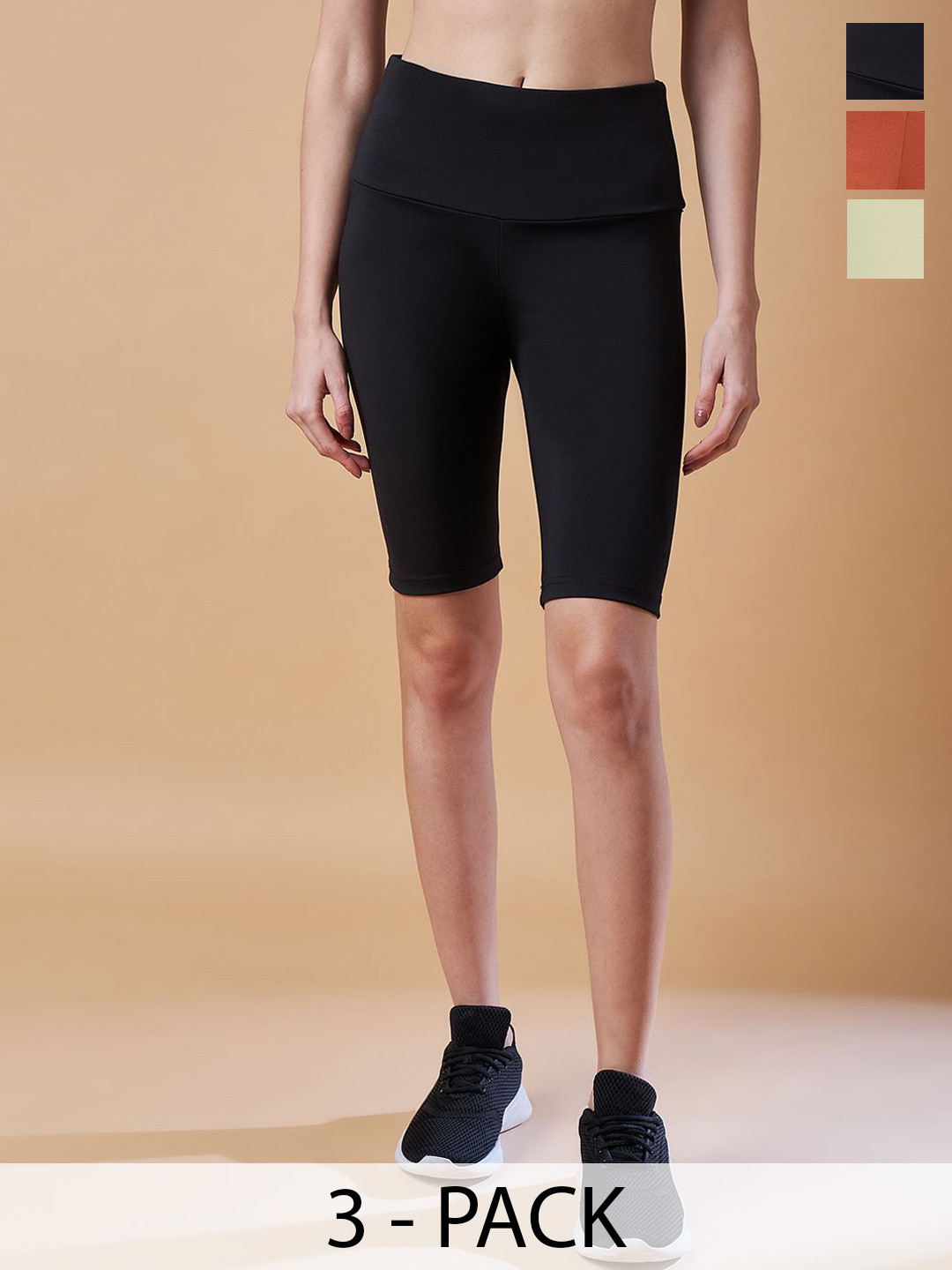 

COLOR CAPITAL Women Pack Of 3 Antimicrobial High Rise Above Knee Cycling Tights, Black