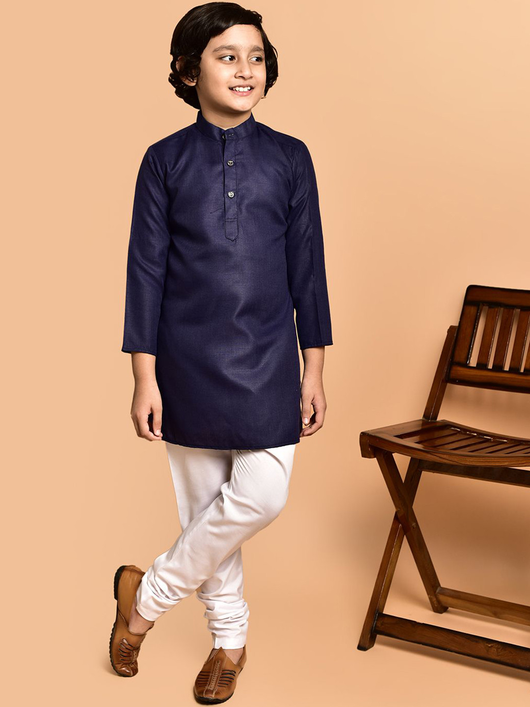 

PRINTCULTR Boys Band Collar Cotton Straight Kurta, Navy blue
