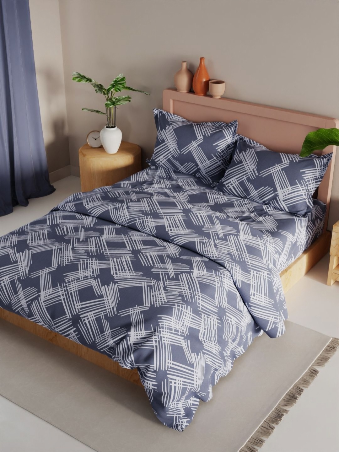 

KOPA Blue & White 4 Pieces Geometric Printed Microfiber Double Queen Regular Bedding Set