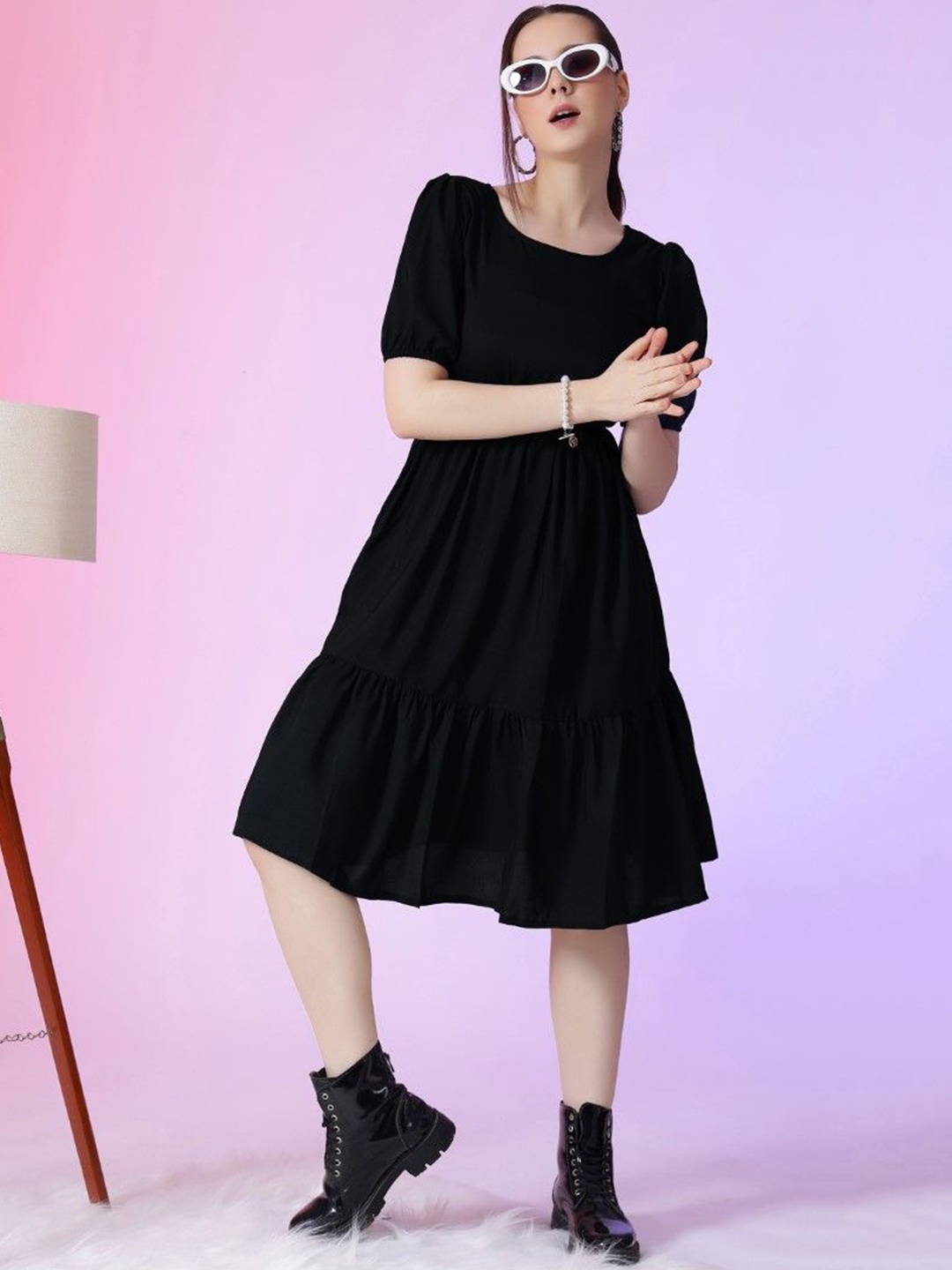 

Femvy Puff Sleeve Applique Fit & Flare Dress, Black