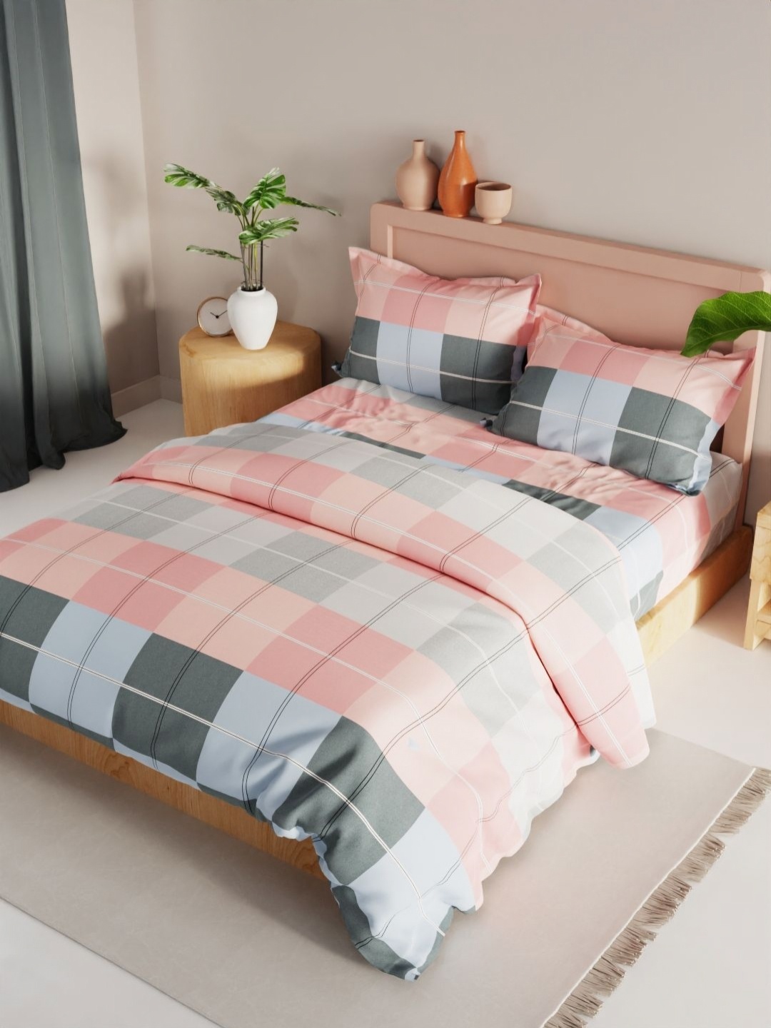 

KOPA Pink & Blue 4 Pieces Checked Microfiber Double Queen Regular Bedding Set