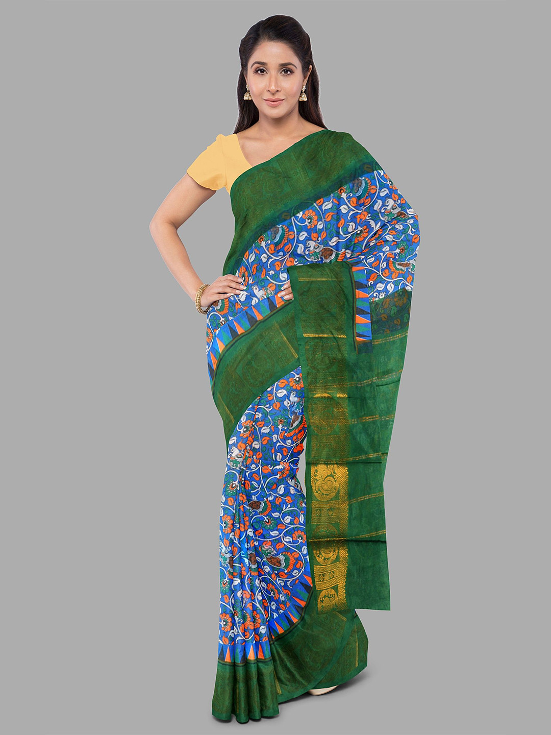 

The Chennai Silks Kalamkari Printed Pure Cotton Sungudi Saree, Blue